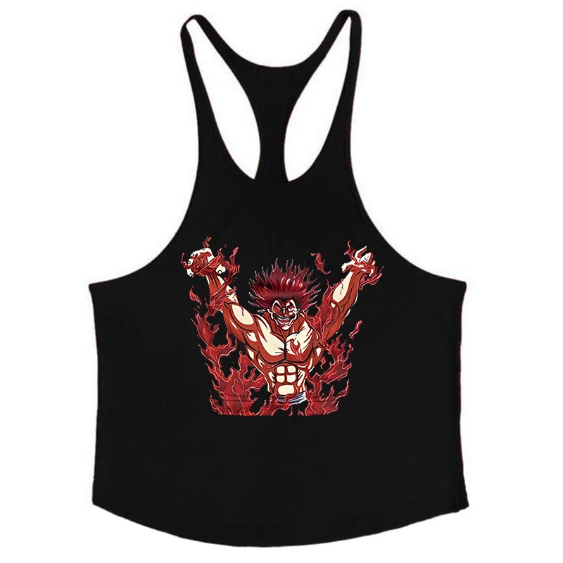 Anime Baki Print Stringer Tank Top for Men Athletic Y-Back Vest Tops Muscle Training Undershirt Gym Workout Fitness Bodybuilding