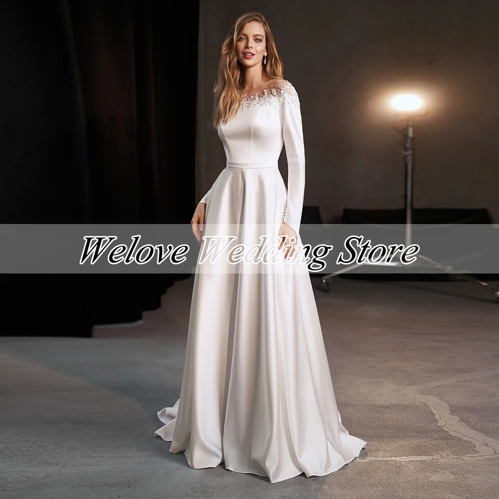 Vestido de novia blanco Formal para mujer, cuello redondo con apliques, longitud hasta el suelo, bolsillos, cremallera en la espalda, mangas largas