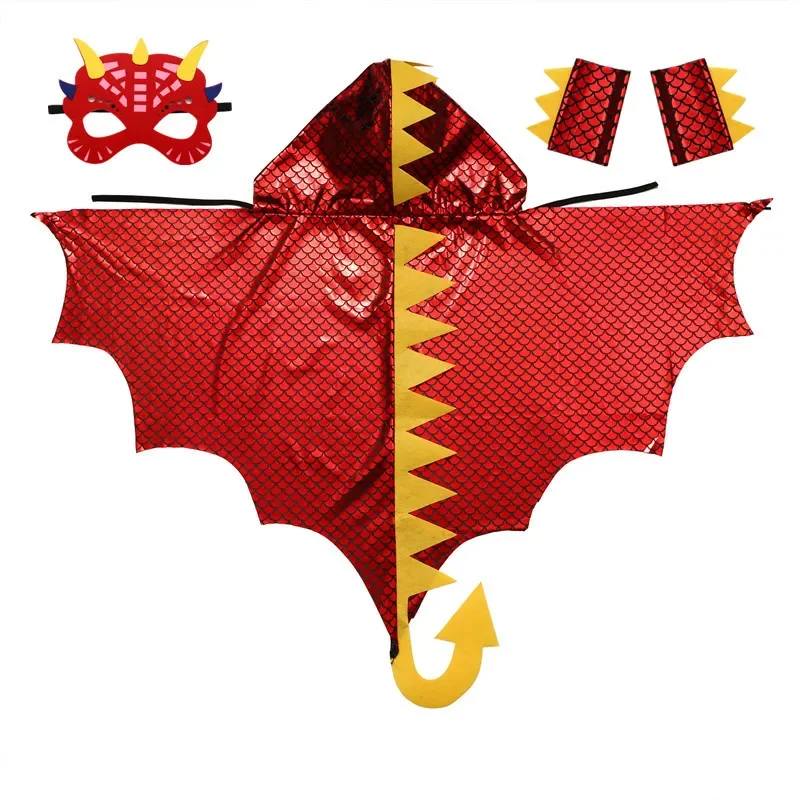 Mantello con cappuccio per dinosauro rosso per bambini con maschera a coda Accessori da polso per feste in costume cosplay di Halloween Regalo per bambini di 3-12 anni