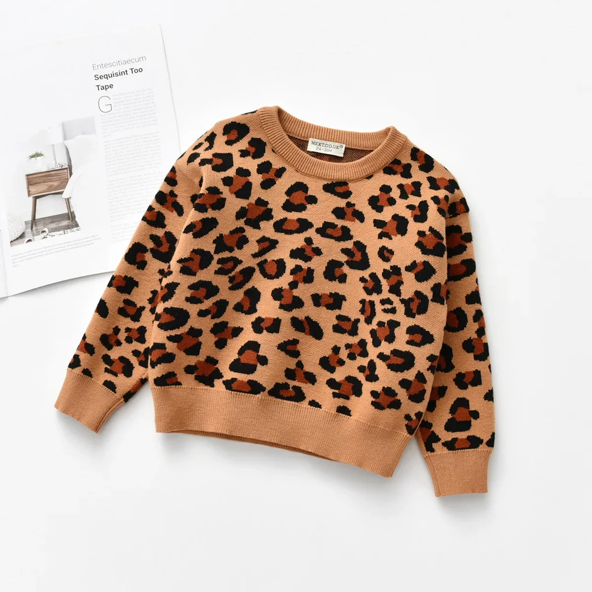 New Baby Pullover Sweater Korean Version of Children Long Sleeved Top Round Neck Leopard Print Children Sweater Knitted Sweater