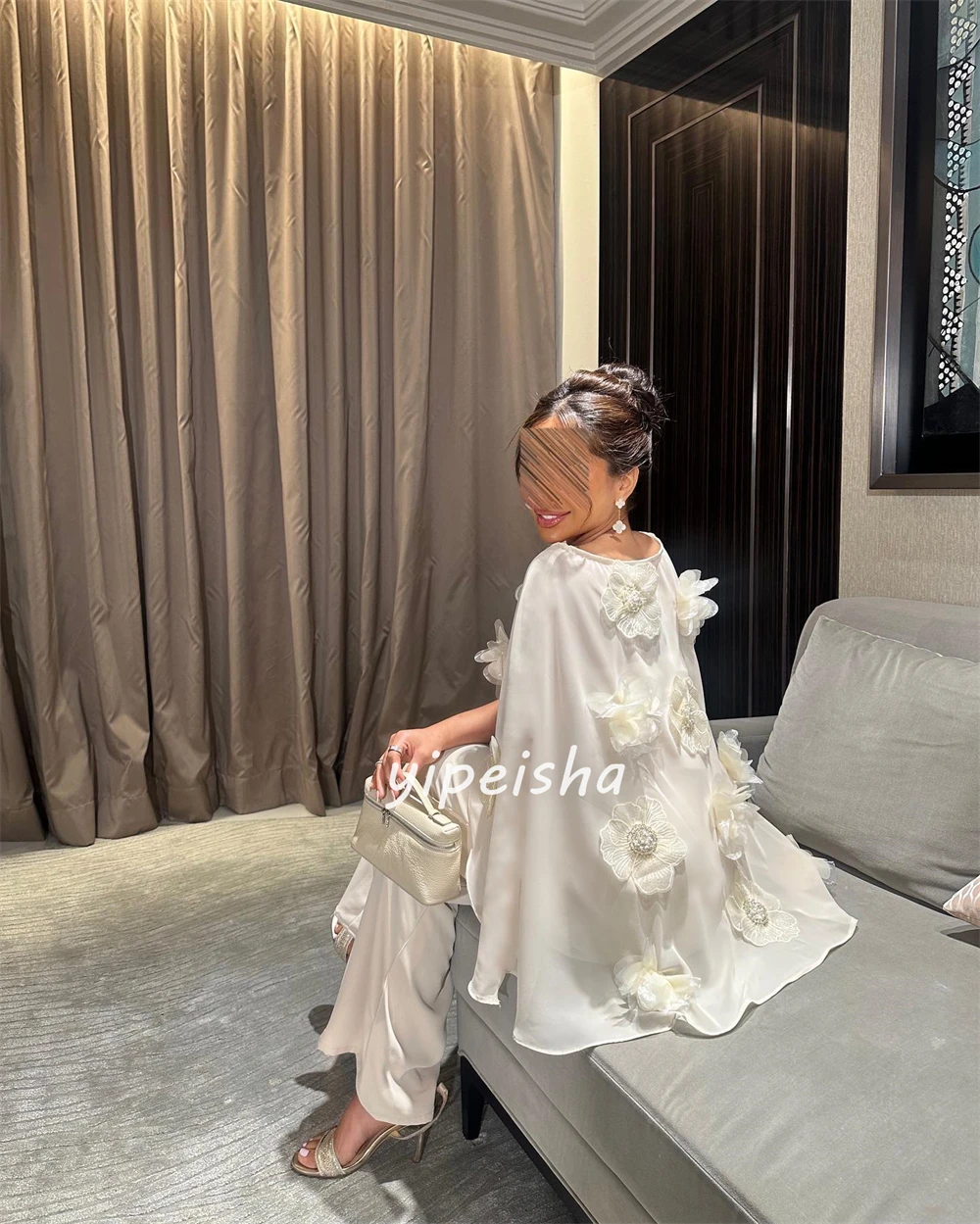 Customized Chiffon Flower Sequined Beading Ruched Birthday A-line High Collar Bespoke Occasion Gown Midi Dresses