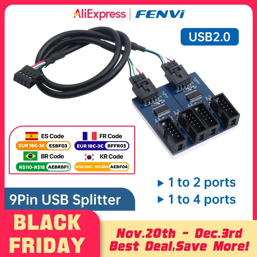 

fenvi 9Pin USB Splitter Motherboard 1 to 2/4 Extension Cable Adapter 9-Pin 1 to 4 USB Female Header HUB Connectors for Desktop