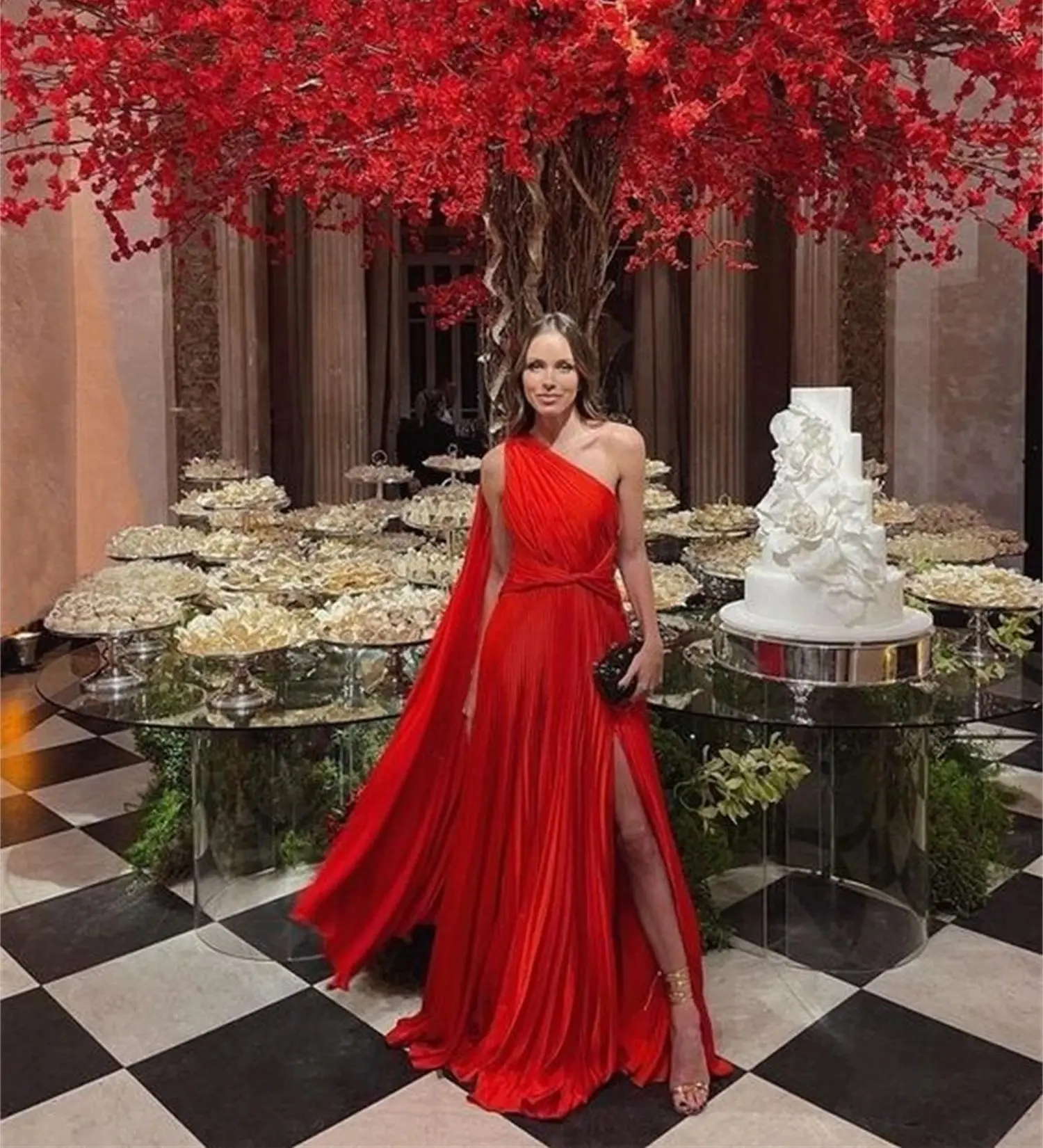 Vestidos de Noche elegantes con manga de un hombro para mujer, vestido de boda elegante de gasa para invitados, vestido de Gala rojo Es