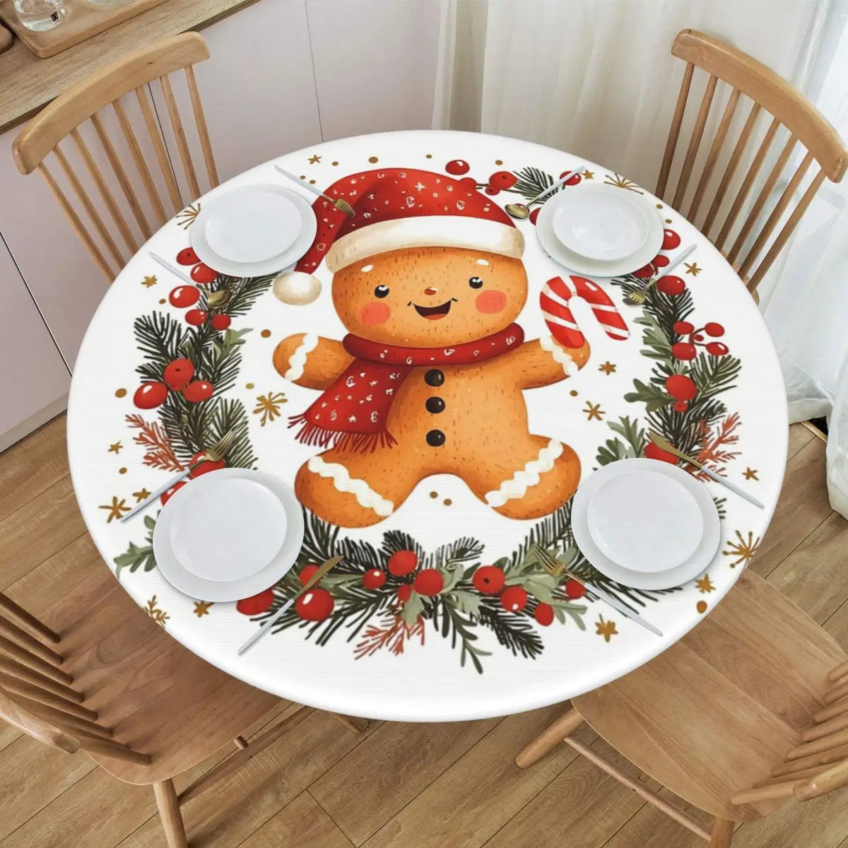 Holly Jolly Gingerbread Waterproof Round Tablecloth Oilproof Table Cloth for Kitchen Events Dining Table Cover