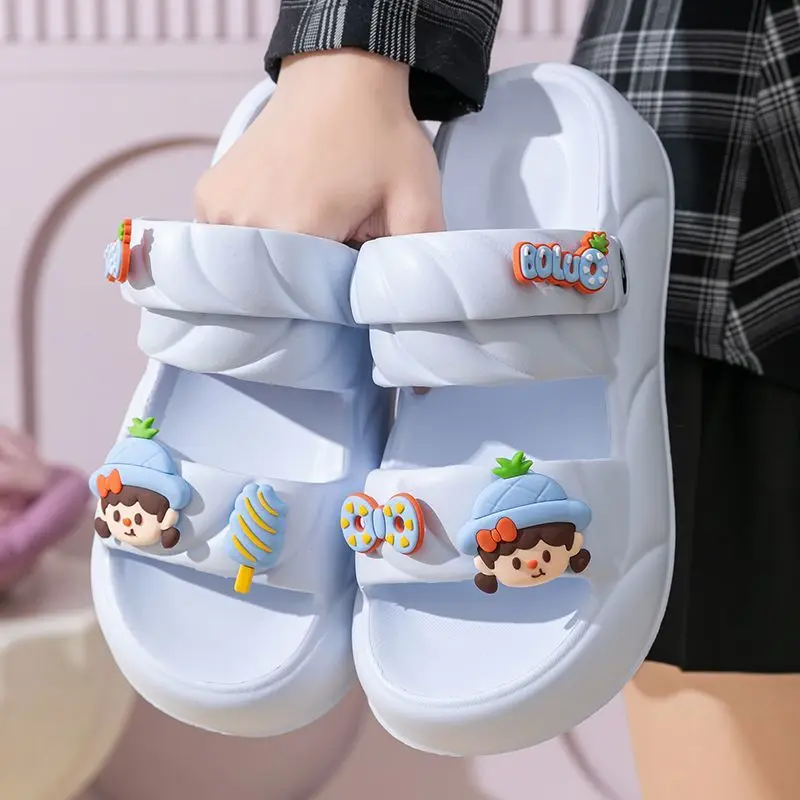 

2026 New Arrival Cute Girls Open Toe Slippers 2 Straps Cartoon Decor Non‑Slip Platform Summer Outdoor Slides Shoes Blue