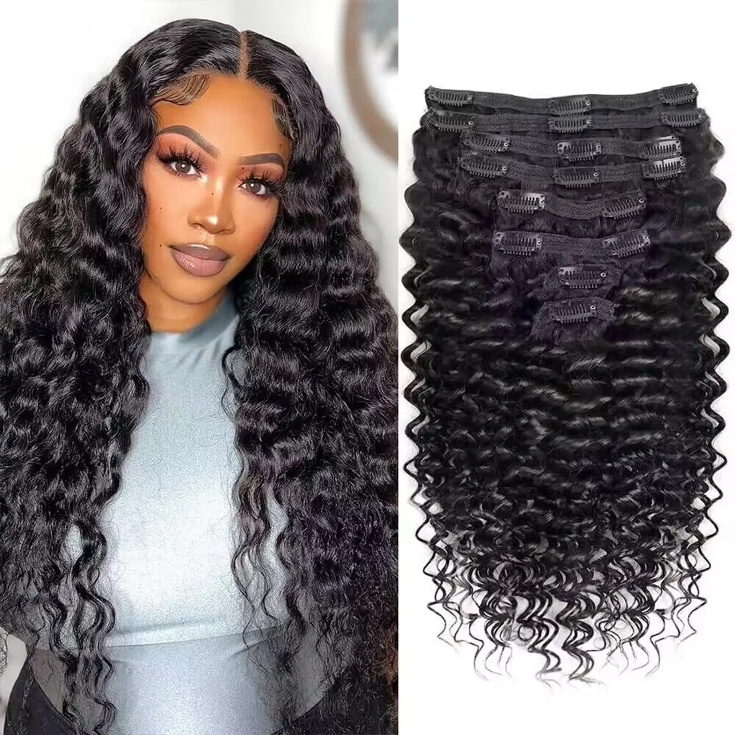 

Deep Water Wave Clip In Human Hair Extensions 120g/set Clips In Extension Full Head Brazilian Clip on Curly Hair Extension Women