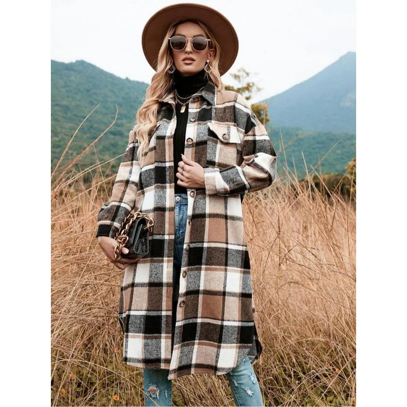 Coolcool exclusive Women's Plaid Print Button Front Split Side 3/4 Sleeve Warm Coat for Spring, Lady Casual Comfort Loose Drop S