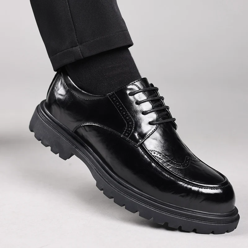 

Men's business thick soled leather shoes Suit gentleman retro style Groom's wedding party Black brown Derby lace-up shoes