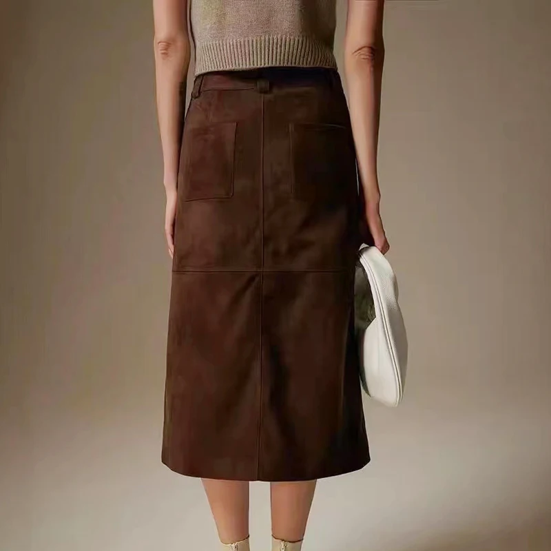 High Grade Kid Suede Leather Skirt For Women  Winter New Old Money Upgraded Imported Suede Jupe Front Split Waist Loop Faldas