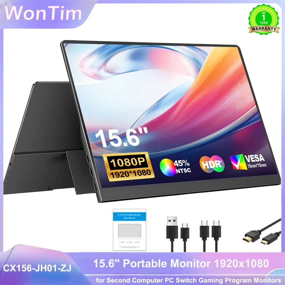 WonTim 15.6 LCD Monitor Portable Ultrathin 1080P IPS FHD USB Type C Dispaly For Laptop Phone XBOX Switch PS5 Gaming Screen