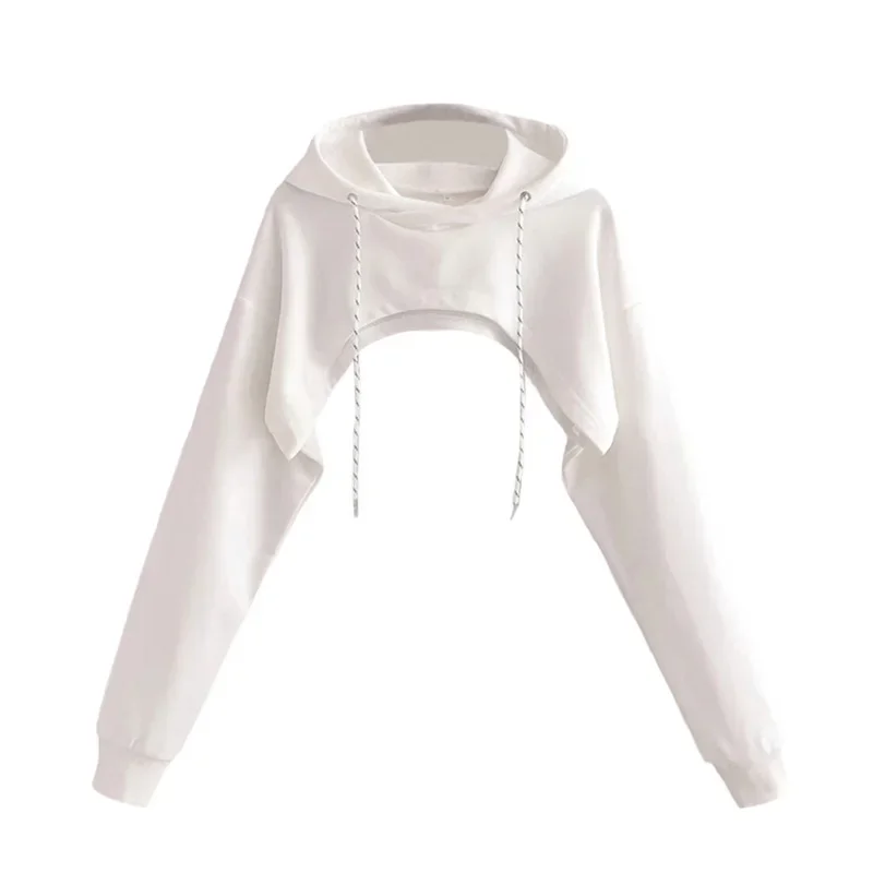 Women Summer New Sexy Fashion Super Short Hoodie Hiohop Drawstring Long Sleeves Open Chest Easy Tops Ropa Mujer Clothes