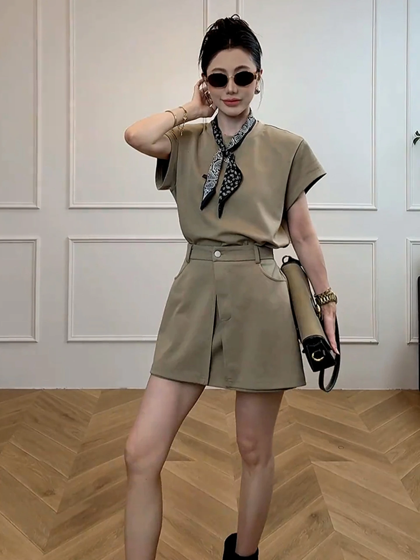 T-shirt Chic couleur kaki pour femmes, ensemble Dr, jupe trapèze taille haute, ort Sve, rond Ne Ci, adapté aux déplacements