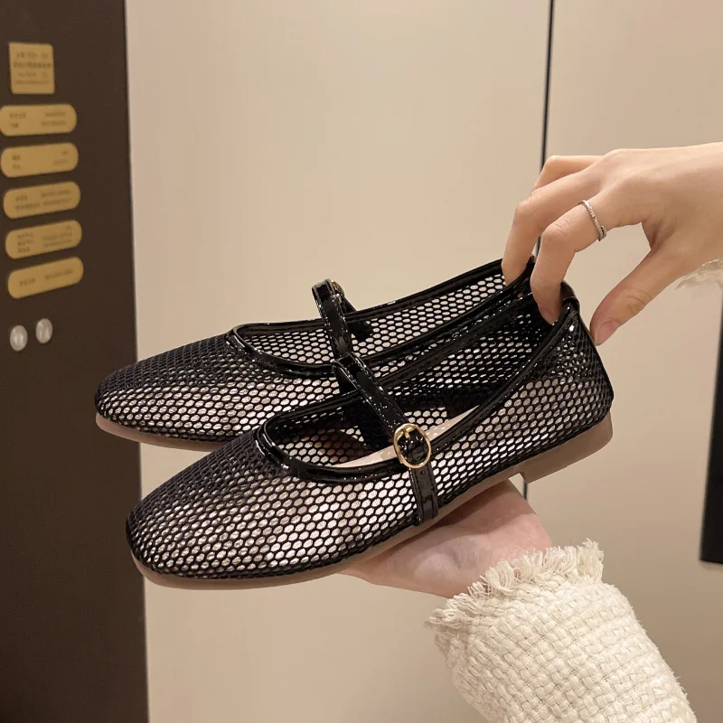 Summer Breathable Hollow Out Ballet Flats Women's Mary Jane Shoe Butterfly Knot Flat Bottom Sandals Fishing Net Single Shoes