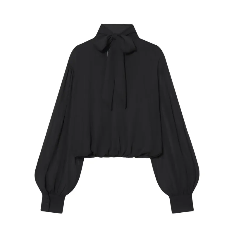 Women Fold Translucent Balloon Version Shirts Autumn Standing Collar Long Sleeve Back Bow Blouses Casual Female Tops