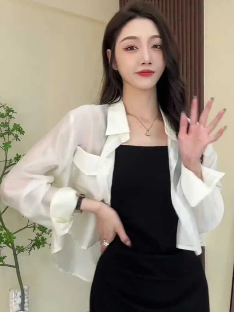 

Summer Women's Short Sleeve Sun Protection Shirt Thin Blouse with Strap Vest Outerwear Cardigan Small Jacket Top in Apricot