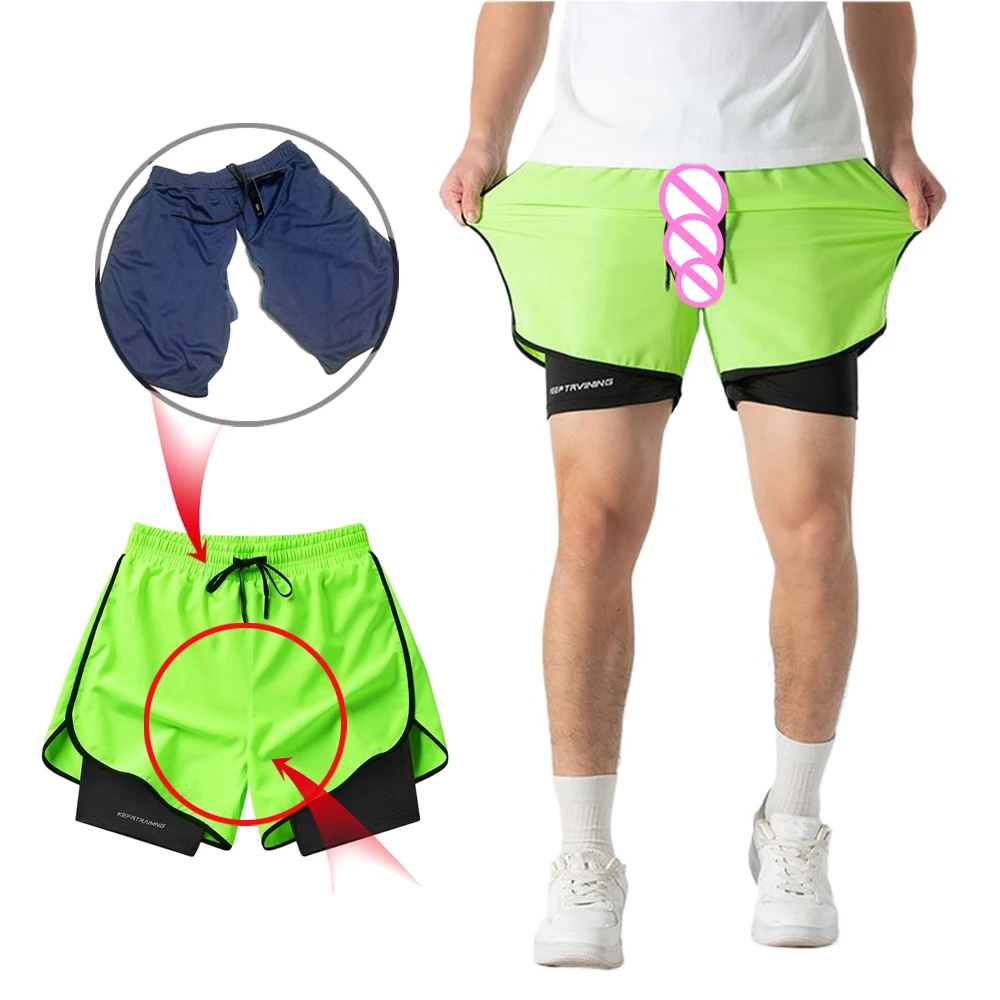 Invisible Open Crotch Outdoor Sex Quick Drying Sweatpants Men's 2-in-1 Shorts Summer Running Fitness Pants Fake Two Piece