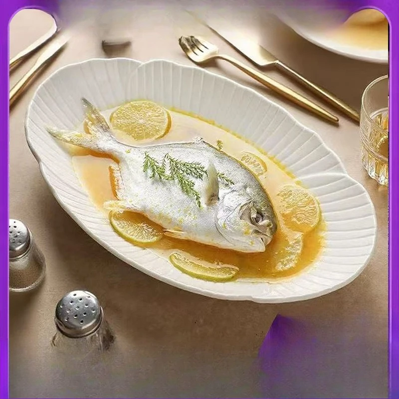 LH hotel fish plate simple household ceramic plate oval new steamed fish plate