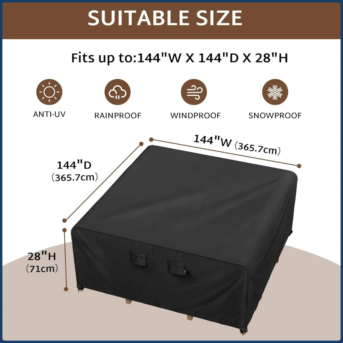 Capa para conjunto de jantar de pátio de 144 x 144 polegadas para todos os climas, tecido 600D resistente a UV à prova d'água, ajuste universal para mesa de 130 136 138 polegadas