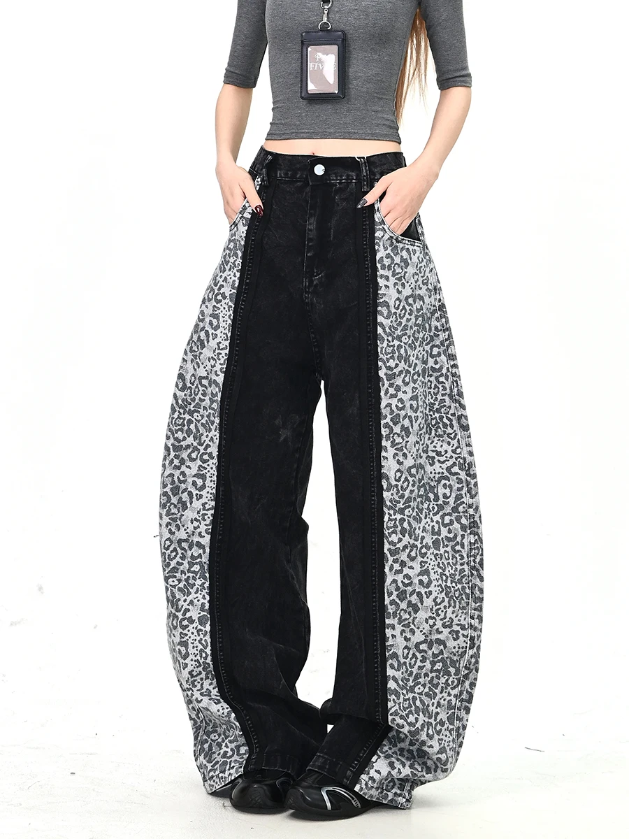 

Loose Wide Leg Distred Leopard Print Patchwork Women's Jeans Spring 2026 American Street Sle Trousers for Young Women