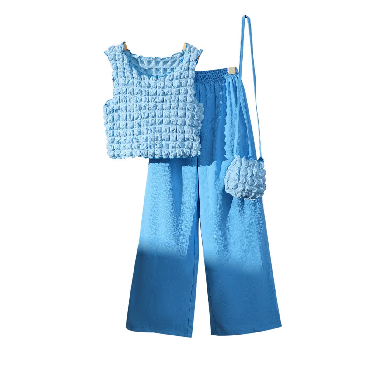 

Летний повседневный комплект одежды для девочек 2026: модный дышащий топ-жилет + широкие брюки + сумка, 3 предмета, детский костюм