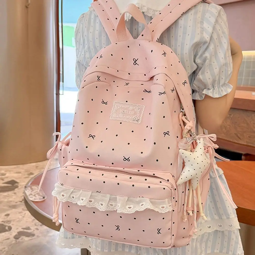 Large Capacity Campus Backpack Bowknot Polka Dot Commute Backpack Soft Nylon Material Preppy Style Design Nylon Knapsack