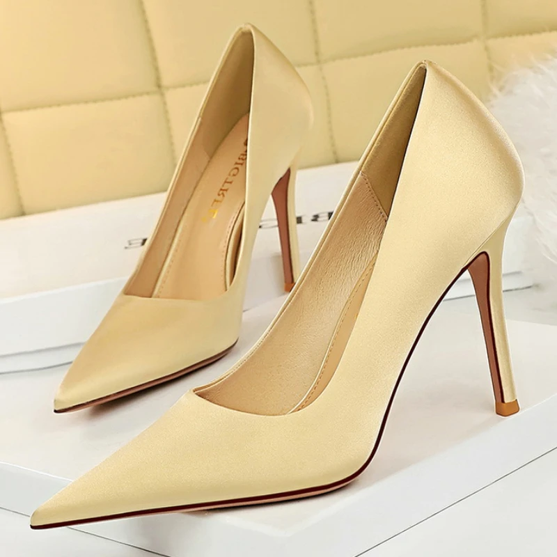 New Women Fetish 10cm High Heels Office Career Satin Pumps Lady Holiday Party Scarpins Stiletto Green Pink Shoes Plus Size 34-43