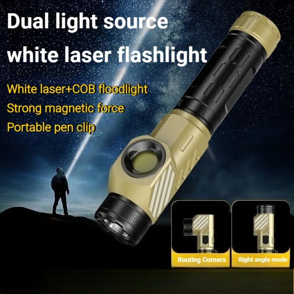 Portable White Laser Flashlight L-Shaped  Work Light with Pen Clip Rechargeable Dual Light Source COB Side Light Magnetic Torch