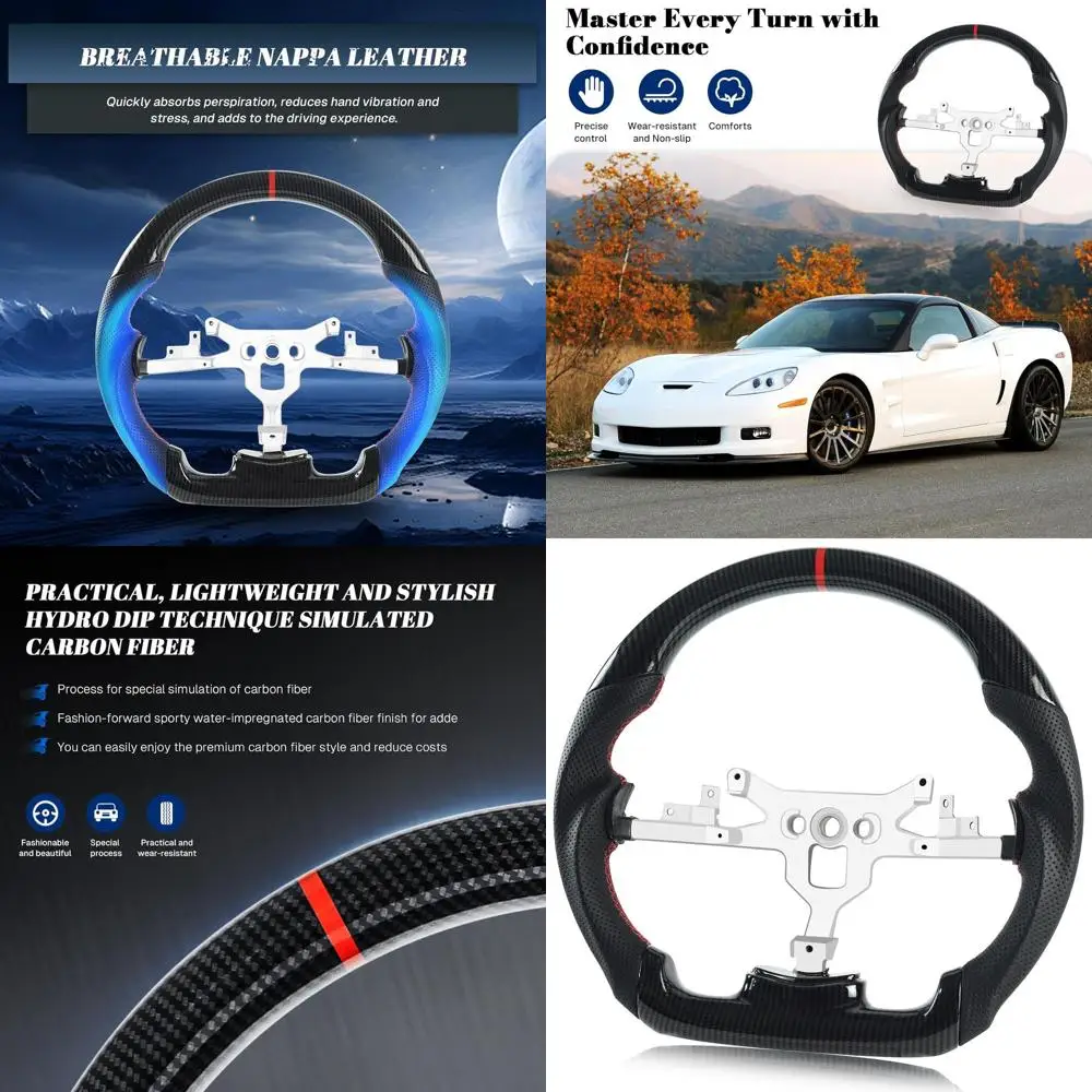

Steering Wheel for Chevrolet Corvette C6 Black Hydro-Dip Carbon Fiber D-shaped Flat-bottom Preforated Leather Grip Steering Whee