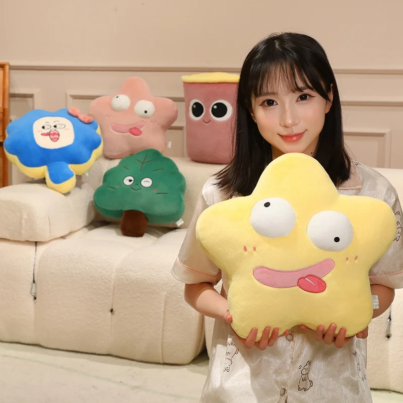 5 Styles Funny Cartoon Shaped Plush Pillow Wink Tree Colorful Cup Bow Flower Star Stuffed Cushion Fluffy Cute Gifts.
