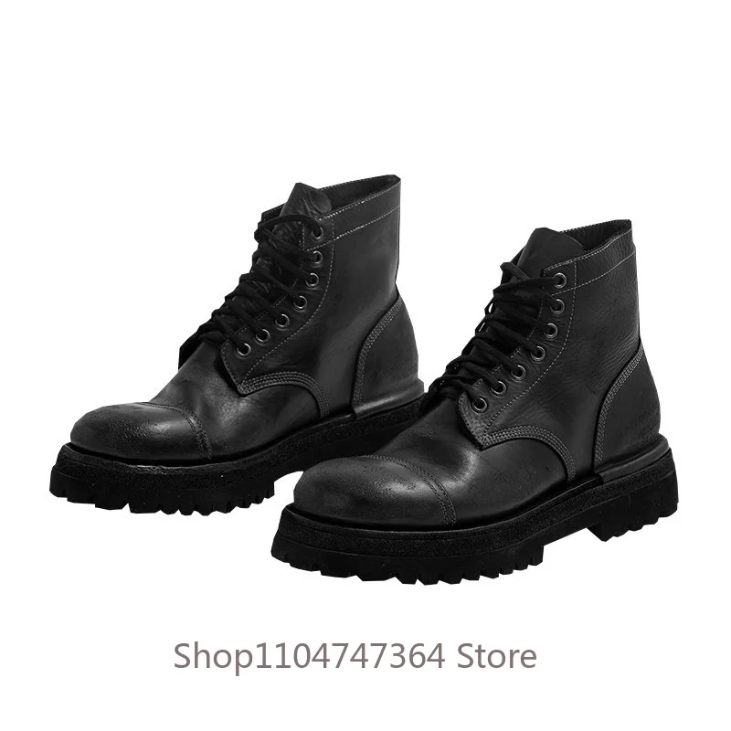 Luxury Designer Cowhide Platform Boots Men's Shoes Genuine Leather Casual High Top Outdoor Sport Walking Chelsea Boots Male