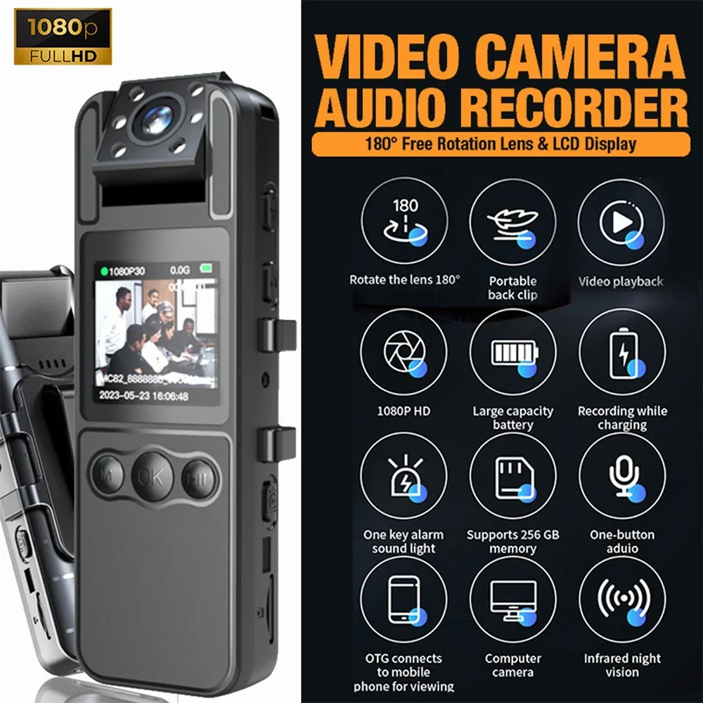 1080P HD Mini Camera Portable Digital Video Recorder BodyCam 180 Rotating Infrared Night Vision Police Cam Small Camcorder