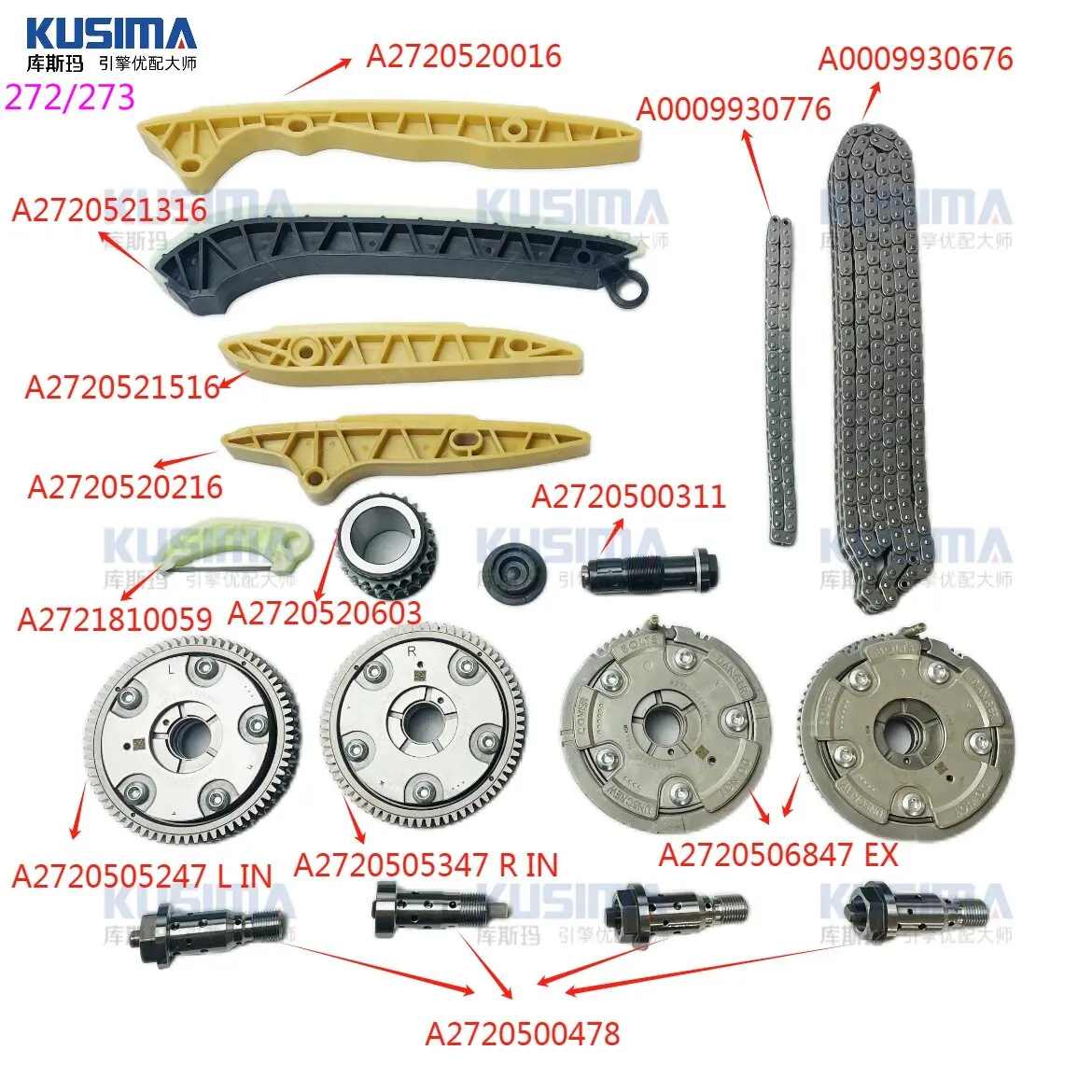 

Timing Chain Kit for Mercedes-Benz C230 C350 GLK350 M272 2.5L 3.0L 3.5L M273 4pcs Camshaft VVT Adjuster Sprockets A0009930776