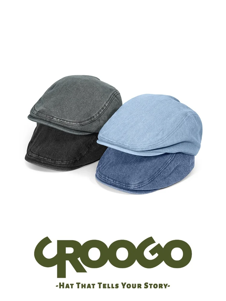 

Retro Japanese Style Denim Washed Casual Cap Short Brim Newsboy Cap Artistic Short Eave Painter Cap British Style Cotton Hat