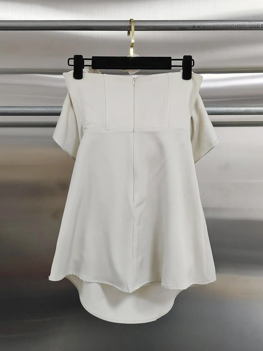 GALCAUR Solid Spliced Pleat Slim Mini Dress for Women Off Shoulder Short Sleeve Patchwork Zipper  Dresses Female Fashion Style