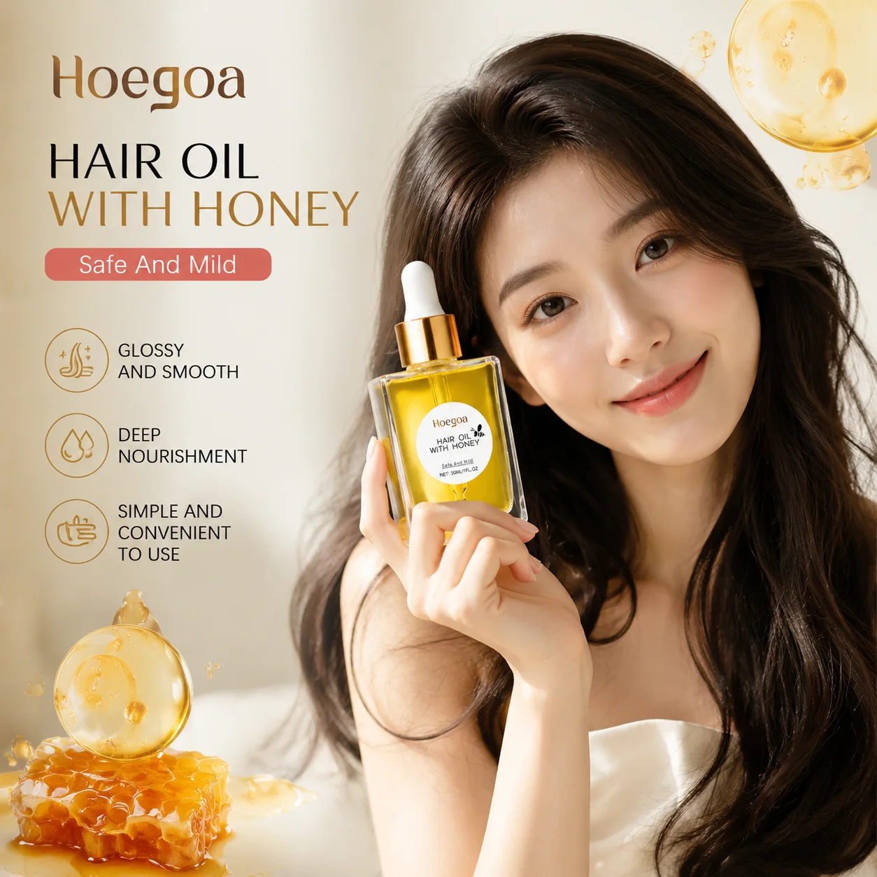 Hoegoa Hair Oil With Honey Smooth Silky Hair Deep Nourishment Enhance Hair Luster Dropper Design Portable Nourishing Hair Oil