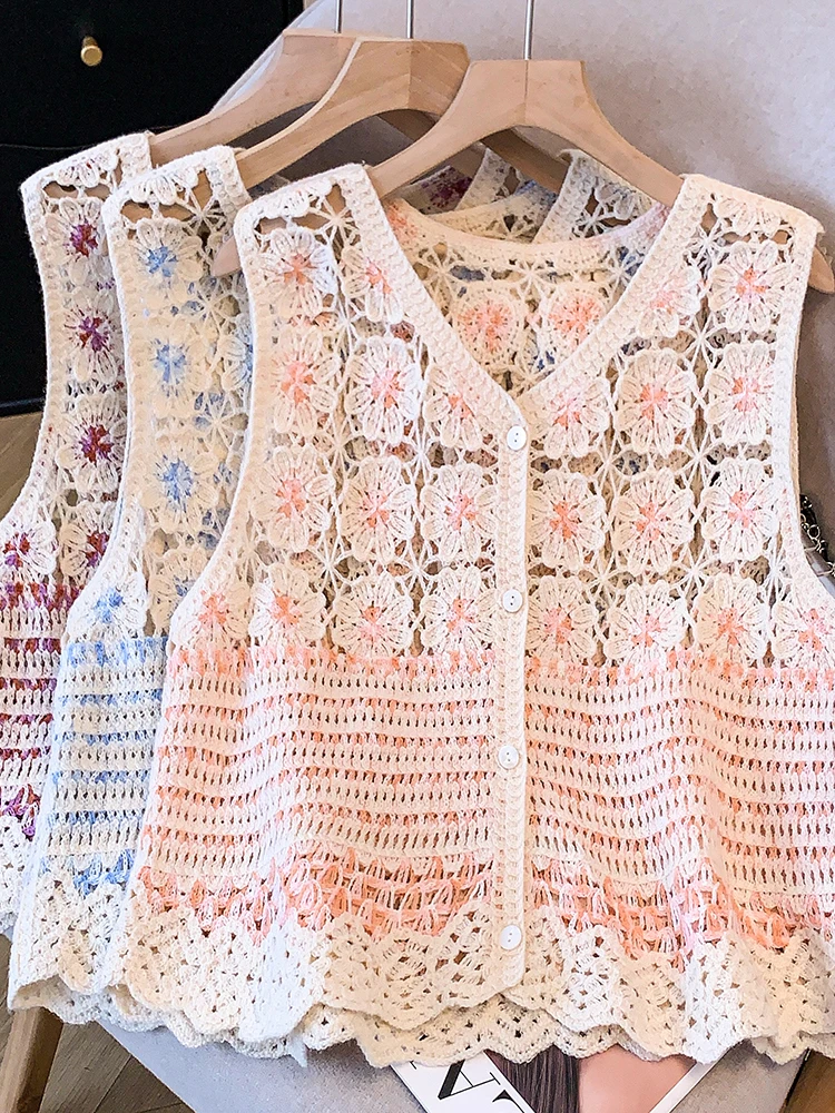 

Large Size Women's Knitted Short Vest Hollow out Embroidery V-Neck Cardigan Casual Summer Top Layering Clothing