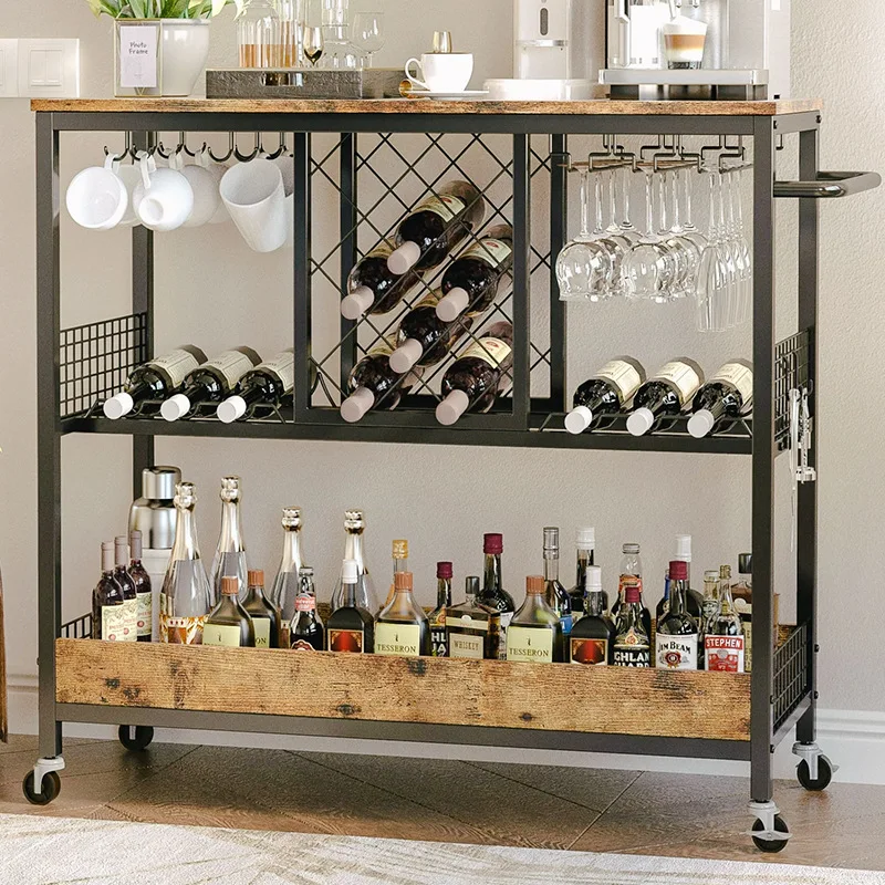 

Light Luxury Mobile Bar Service Trolley Metal Plank Dining Cart Restaurant Hotel Homestay Wheeled Service Trolley