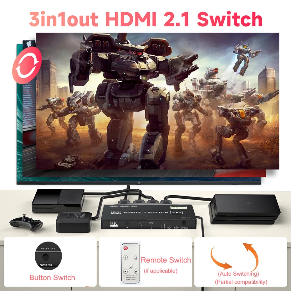 HDMI 2.1 Switch 4K 120Hz HDR 60Hz 4K/8K HDMI Auto Switch 3 in 1 out HDMI Switcher Slector Hub Switch HDMI w/remote for PS5 Xbox
