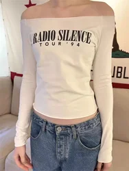 Sweet Women White Letter Printed Shirt 2024 Fashion Summer Ladies Long Sleeve Slash Neck Shirt Vintage Female Chic Fit Shirt