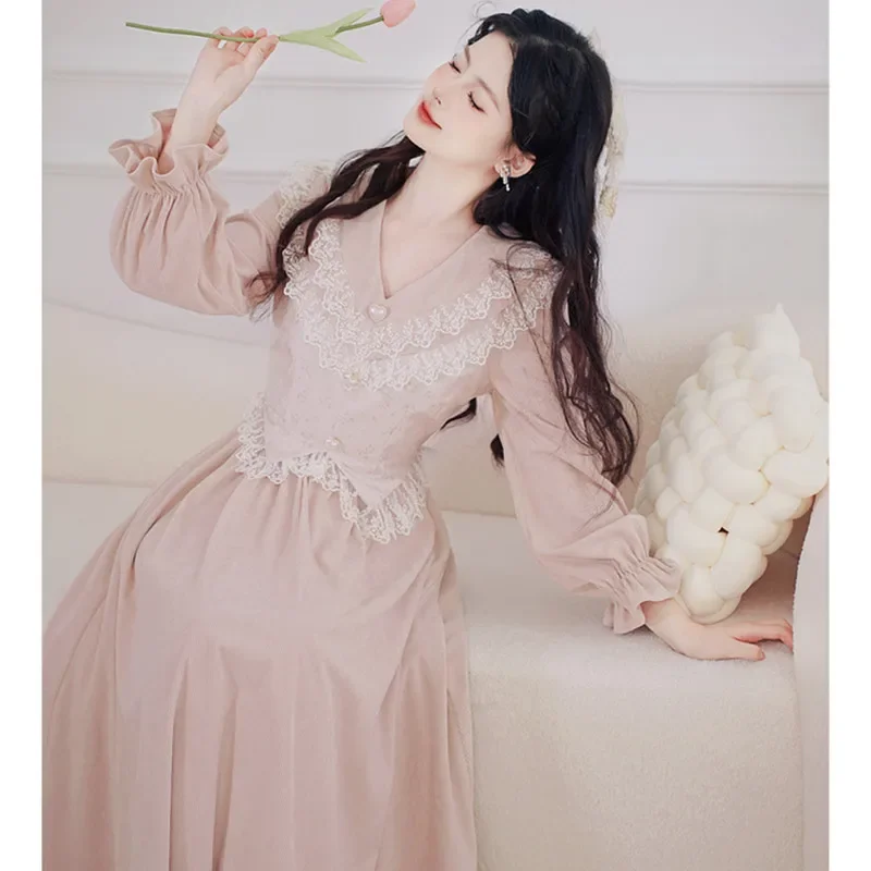 French Sweet Princess Dresses for Women Pink Cute Lace V-neck Kawaii Dress Spring Elegant Birthday Party Vestidos be mujer