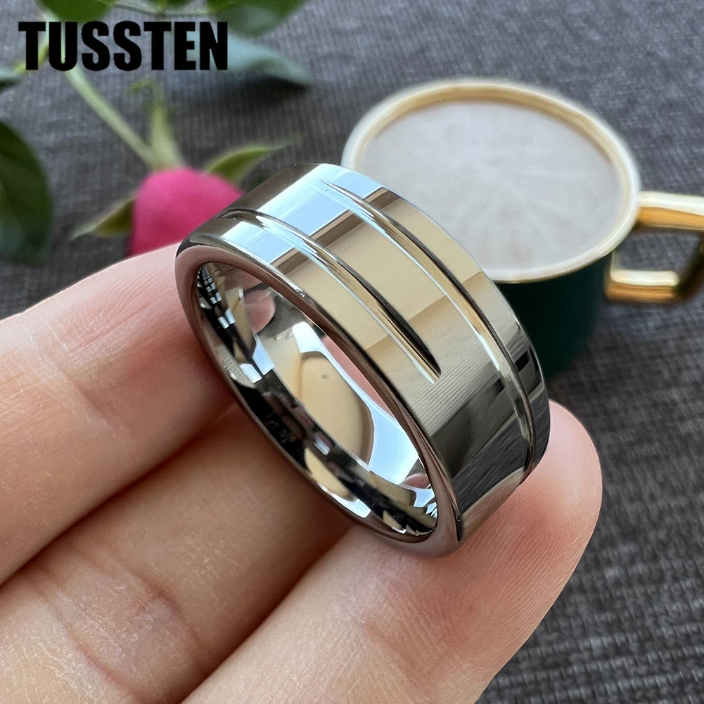 Dropshipping TUSSTEN 8MM Men Women Flat Wedding Band Tungsten Finger Ring 2 Grooves Finish Great Workmanship Comfort Fit image 2