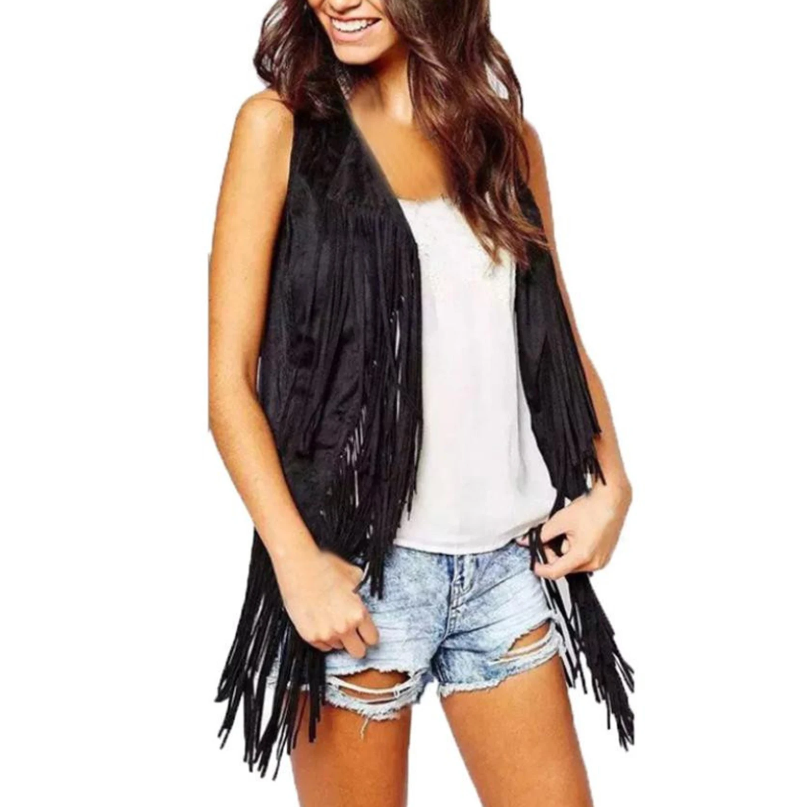 

Fringe Vest Women Leather Suede Vest Tassels Vintage Western Country Cowgirl Vest Cardigan Waistcoat Jacket