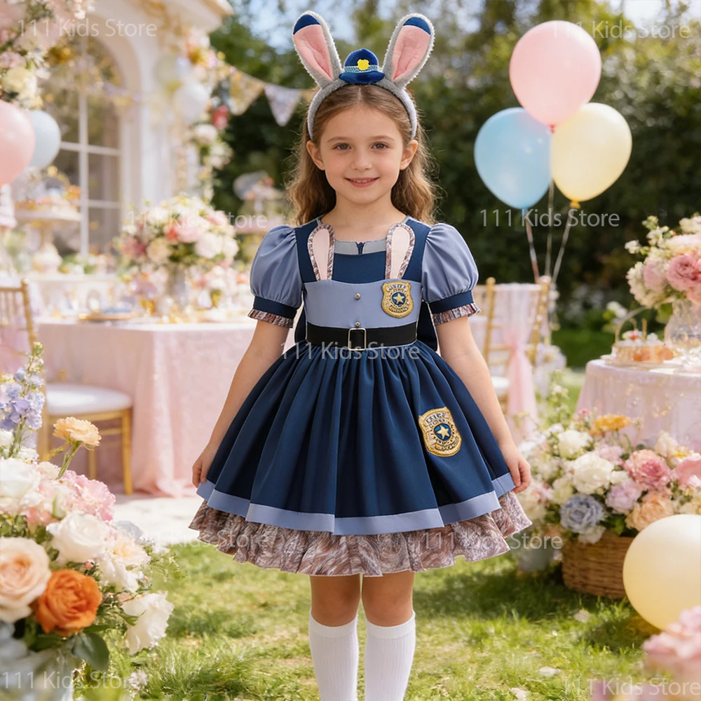 Kids Movie Rabbit Police Cosplay Costume Children Birthday Gift Perform Dress Girls Judy Same Princess Dress with Socks Headband