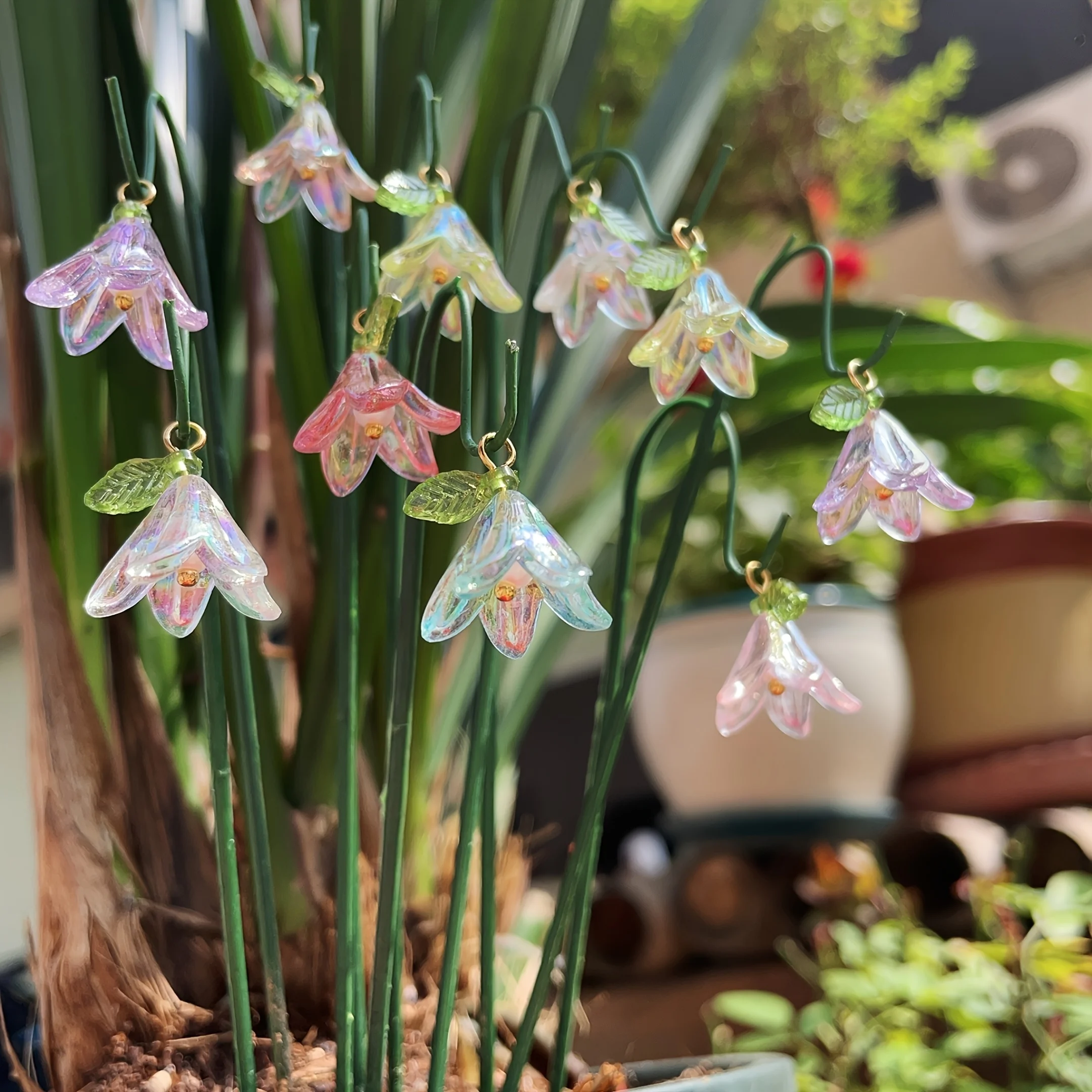 Garden Decor Stakes, Artificial Lily & Lily‑of‑the‑Valley, Random Color Sparkly Ornaments, Decor for Pots, Succulents & Bonsai