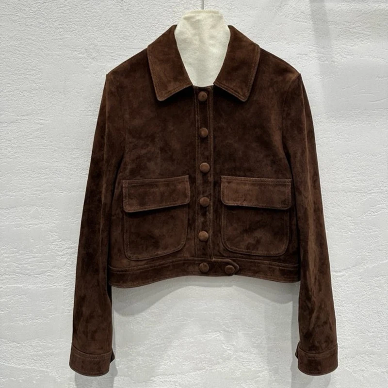 Autumn Outerwear Women’s Kid Suede Leather Jacket Lapel Tooling Wind Single Breasted Casual Long Sleeve Short Silm Leather Coat