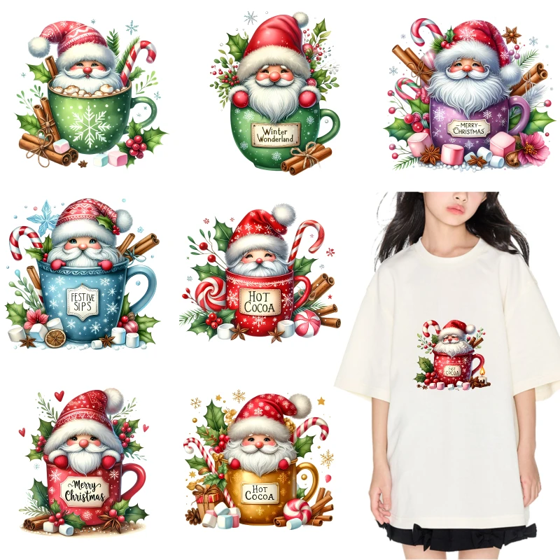 

2PCS Santa In Mug With Candy And Holly iron on patches DTF Patches for clothes Iron-on transfers for clothing heat transfer