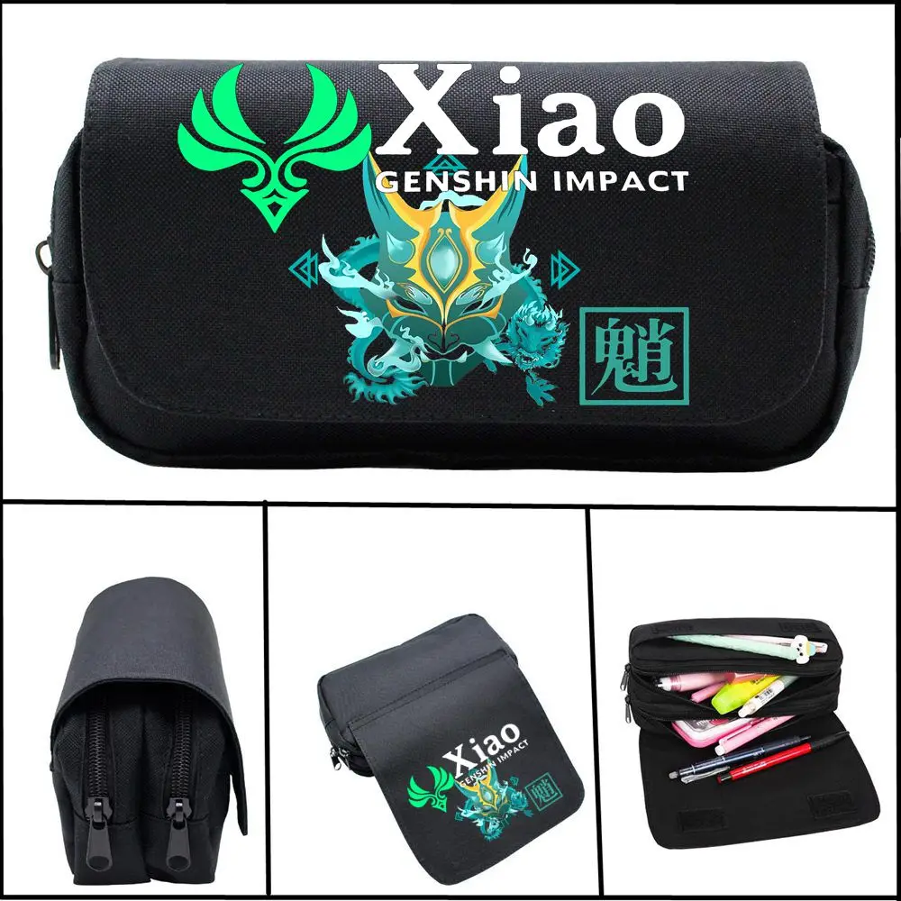 

Anime Genshin Impact Xiao Pencil Case Cartoon Black Make up Cosmetic Bag Student Stationery Multi-function flip Bags Gift