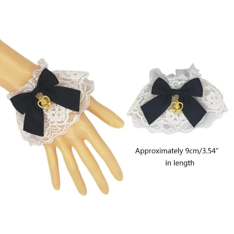 R1WE – Bracelet en dentelle à volants, fait à main, avec pendentif en forme cœur, avec nœud papillon, Anime main