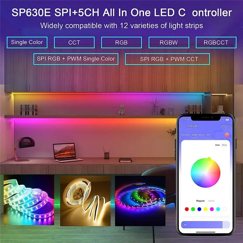 A98Z SP630E Bluetooh LED Controller Support PWM Single Color CCT RGB RGBW RGBCCT And SPI TTL IC Chip LED Strip Light