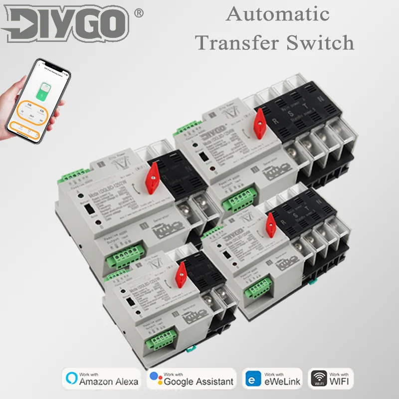 

Din Rail eWelink WIFI Smart 2/4P Timer 220V Dual Power Automatic Transfer Selector Uninterrupted Remote Control 125A Generator
